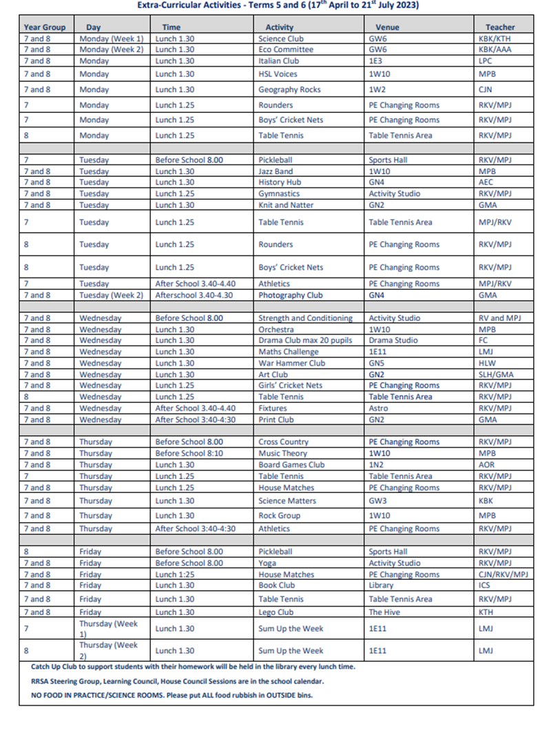 The High School Leckhampton - Clubs - Summer Term 2023